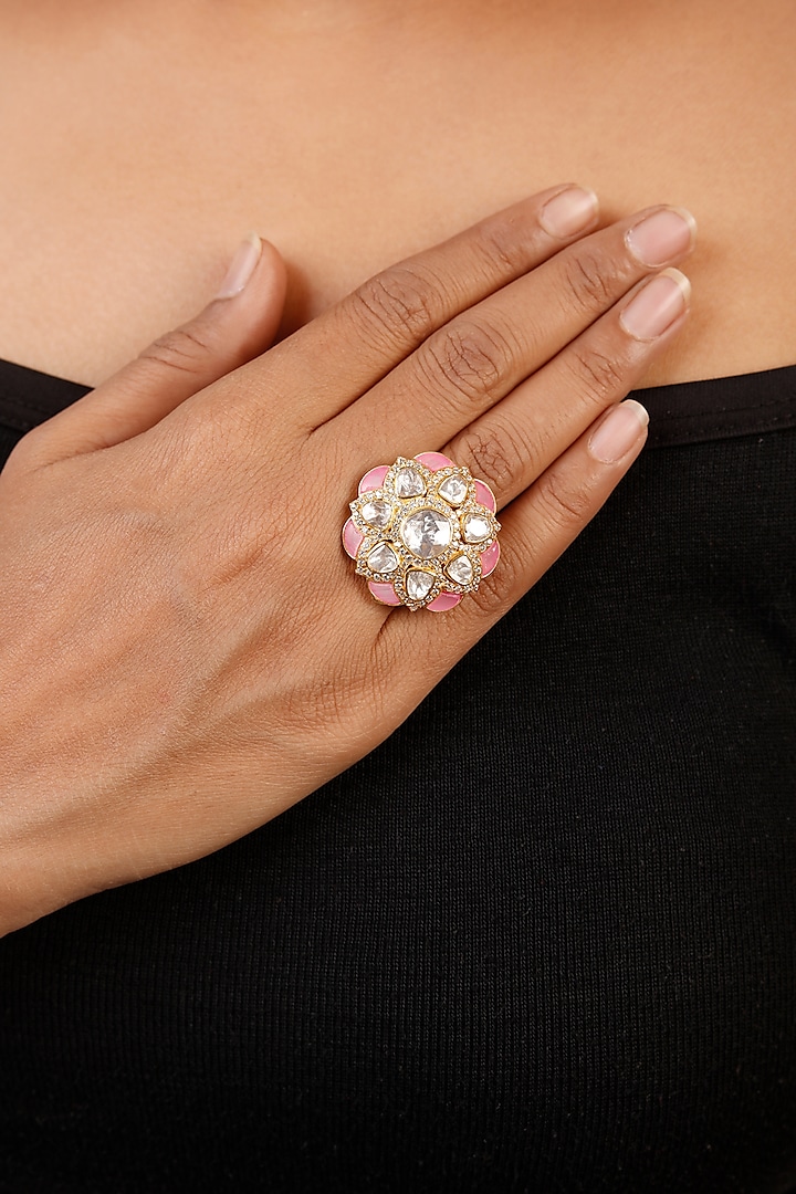 White Gold Plated Kundan Polki Ring In Sterling Silver by Sica Jewellery at Pernia's Pop Up Shop