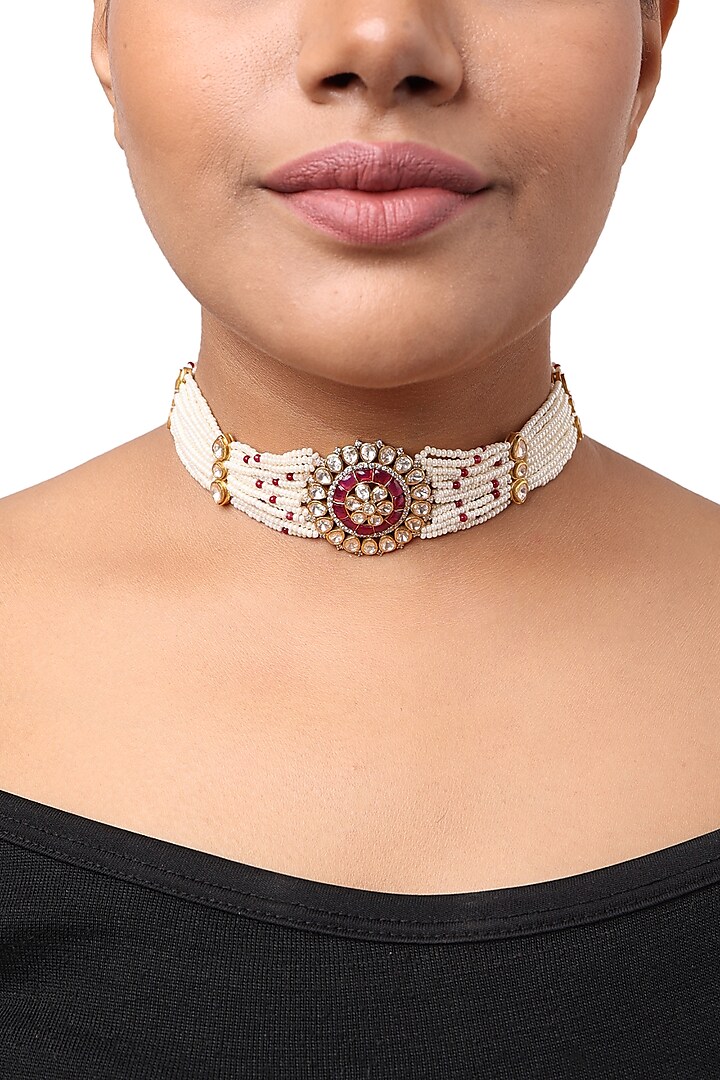 Gold Finish Kundan Polki Choker Necklace In Sterling Silver by Sica Jewellery at Pernia's Pop Up Shop