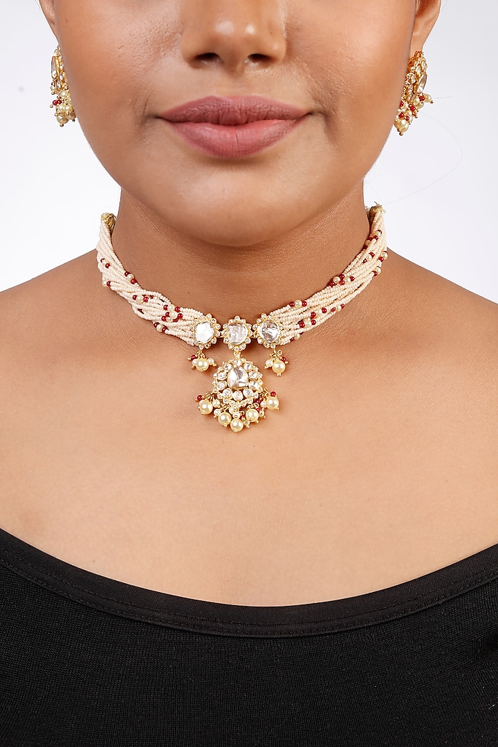 Gold Finish Kundan Polki Necklace Set In Sterling Silver by Sica Jewellery at Pernia's Pop Up Shop