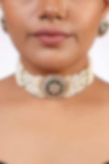 Gold Finish Kundan Polki Choker Necklace Set In Sterling Silver by Sica Jewellery at Pernia's Pop Up Shop