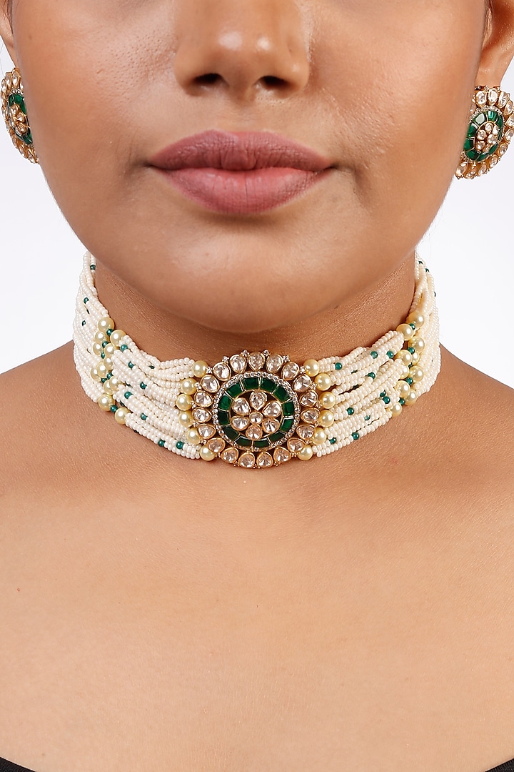 Gold Finish Kundan Polki Choker Necklace Set In Sterling Silver by Sica Jewellery at Pernia's Pop Up Shop