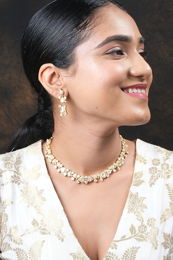 Gold Finish Kundan Polki Necklace Set In Sterling Silver by Sica Jewellery at Pernia's Pop Up Shop