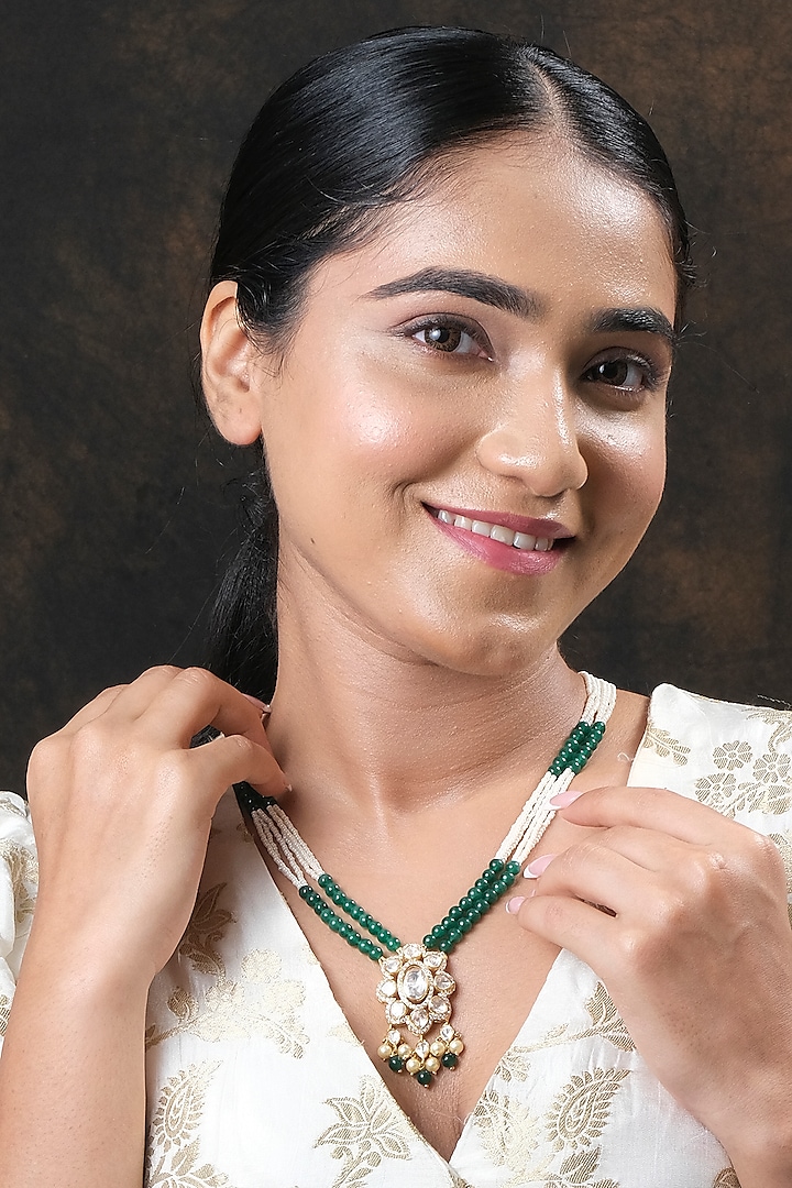 Gold Finish Kundan Polki Necklace Set In Sterling Silver by Sica Jewellery at Pernia's Pop Up Shop