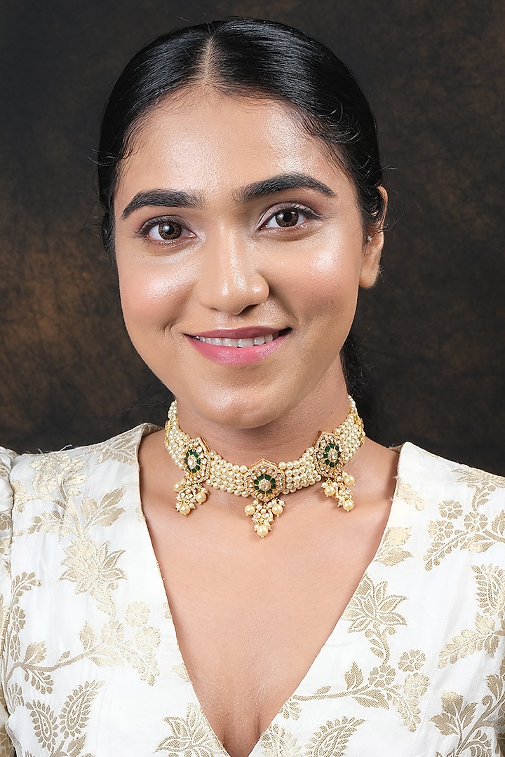 Gold Finish Kundan Polki Choker Necklace Set In Sterling Silver by Sica Jewellery at Pernia's Pop Up Shop