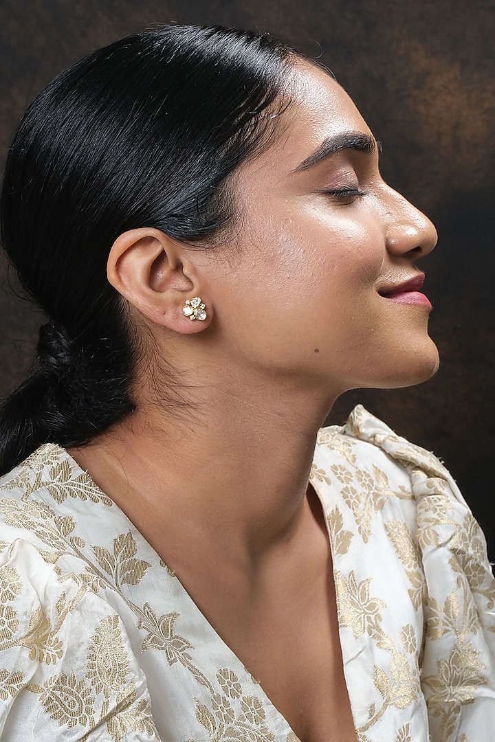 Gold Finish Kundan Polki Stud Earrings In Sterling Silver by Sica Jewellery at Pernia's Pop Up Shop