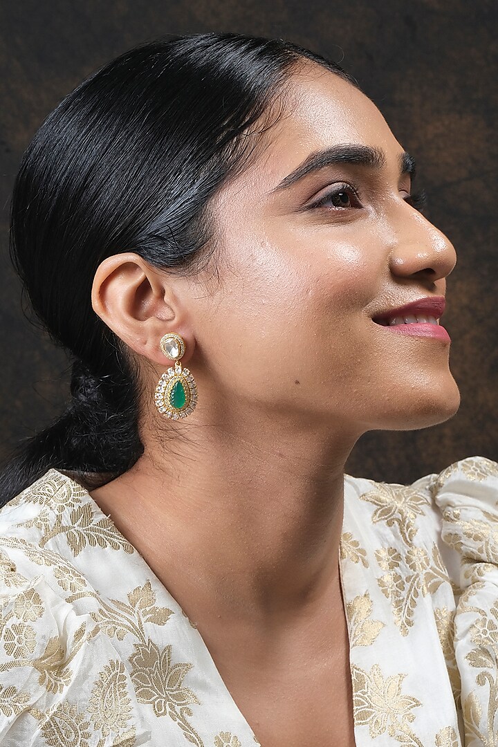 Gold Finish Kundan Polki Dangler Earrings In Sterling Silver by Sica Jewellery at Pernia's Pop Up Shop