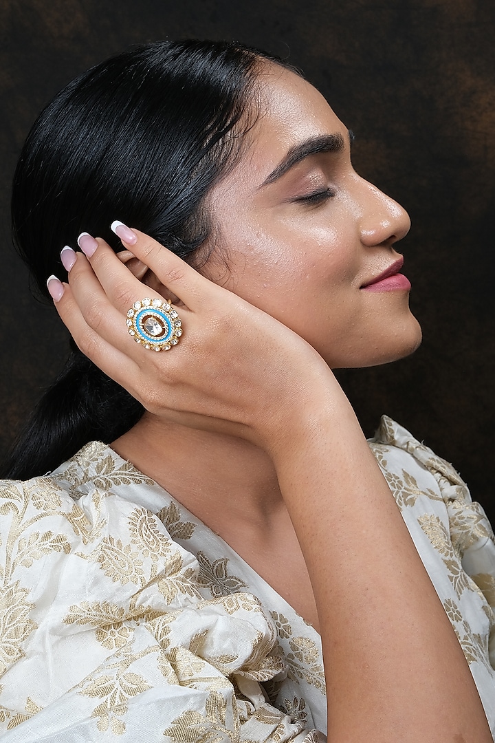 Gold Finish Kundan Polki Ring In Sterling Silver by Sica Jewellery at Pernia's Pop Up Shop