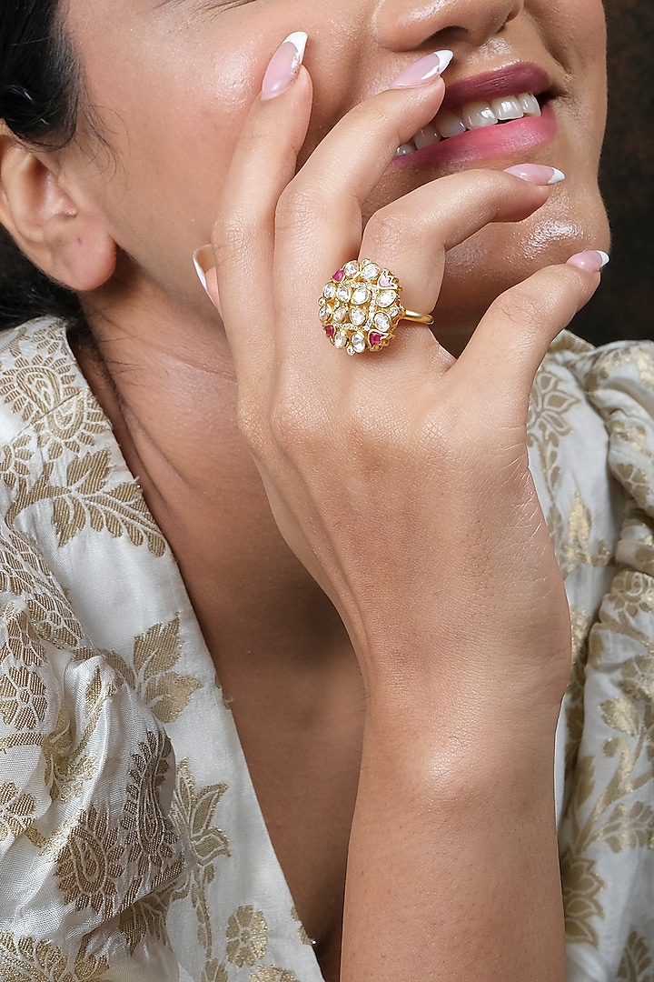 Gold Finish Kundan Polki Ring In Sterling Silver by Sica Jewellery at Pernia's Pop Up Shop