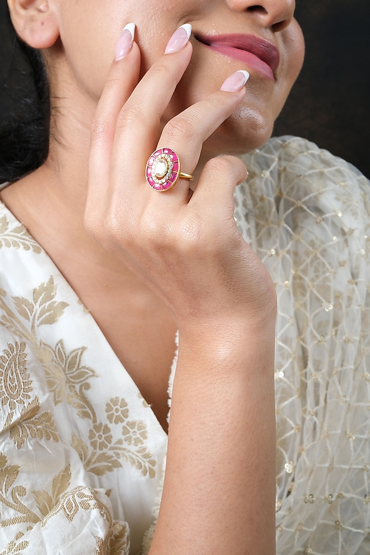 Gold Finish Kundan Polki Ring In Sterling Silver by Sica Jewellery at Pernia's Pop Up Shop