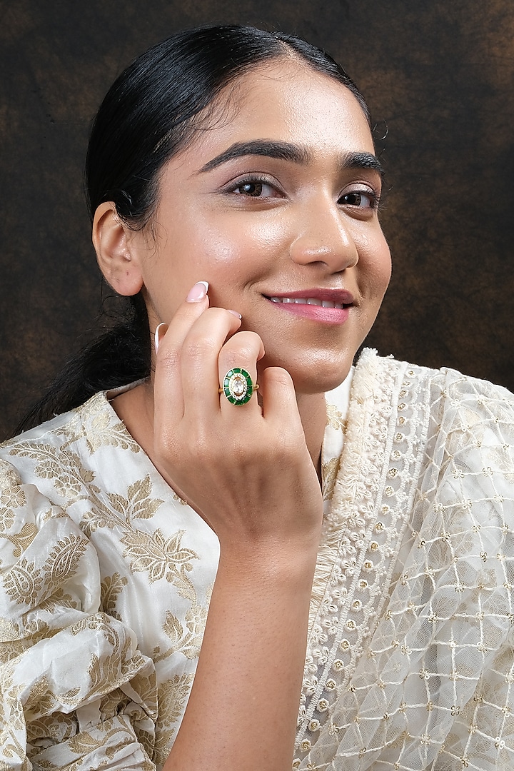 Gold Finish Kundan Polki Ring In Sterling Silver by Sica Jewellery at Pernia's Pop Up Shop