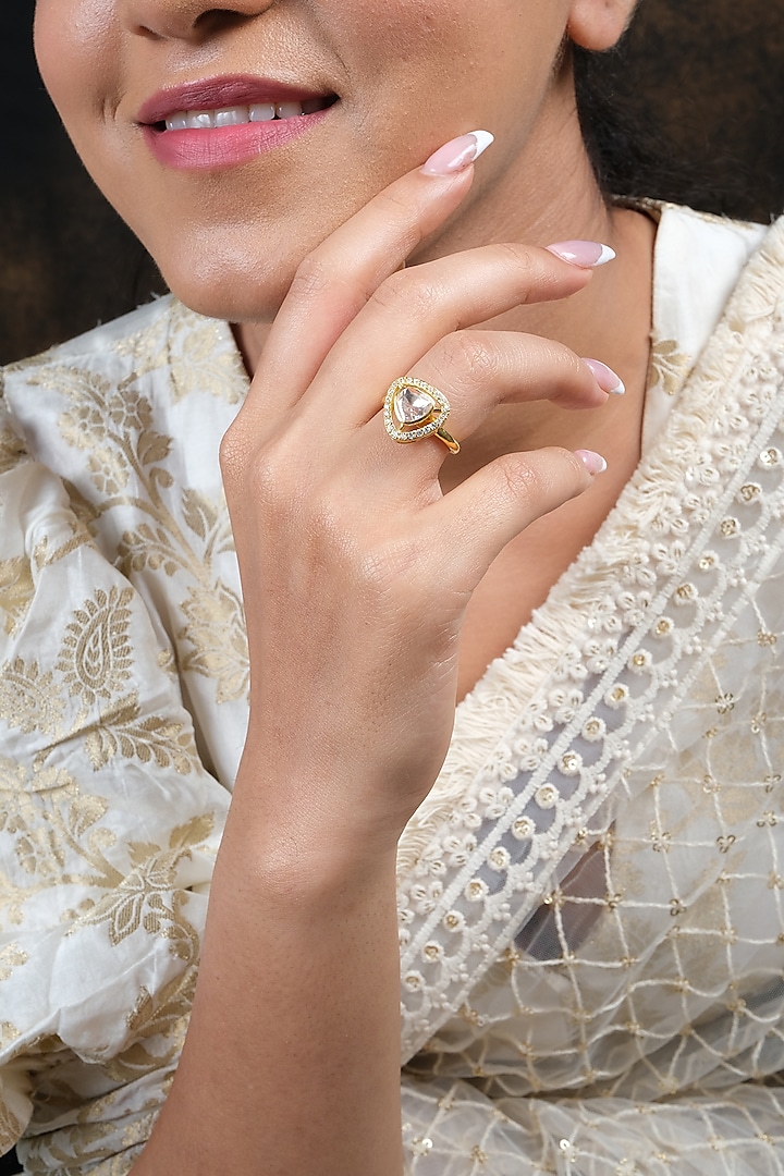 Gold Finish Kundan Polki Ring In Sterling Silver by Sica Jewellery at Pernia's Pop Up Shop