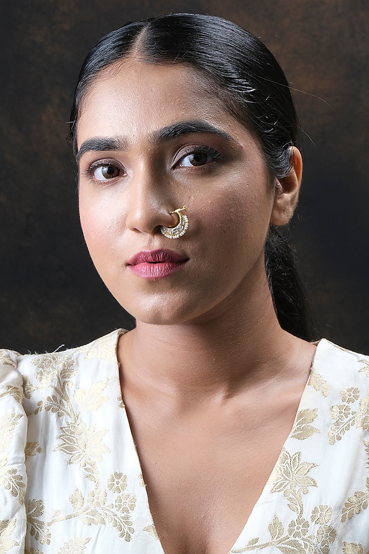 Gold Finish Kundan Polki Nose Ring In Sterling Silver by Sica Jewellery at Pernia's Pop Up Shop