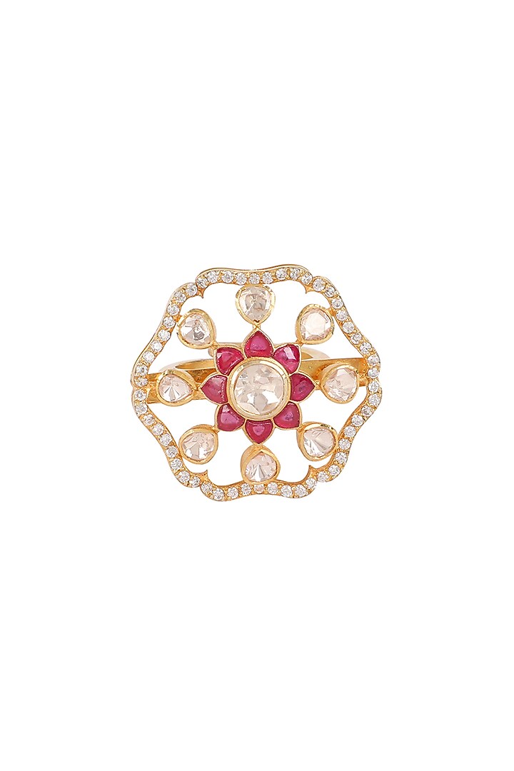 Gold Finish Moissanite Polki Handcrafted Ring In Sterling Silver by Sica Jewellery at Pernia's Pop Up Shop