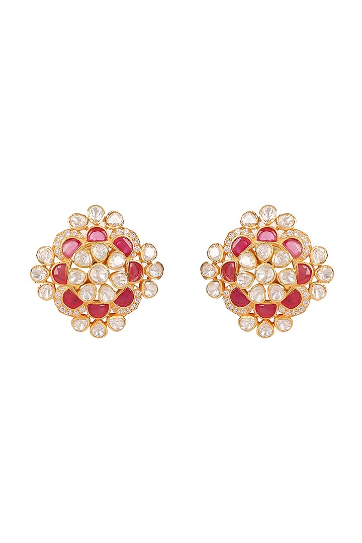 Gold Finish Moissanite Polki Handcrafted Stud Earrings In Sterling Silver by Sica Jewellery at Pernia's Pop Up Shop