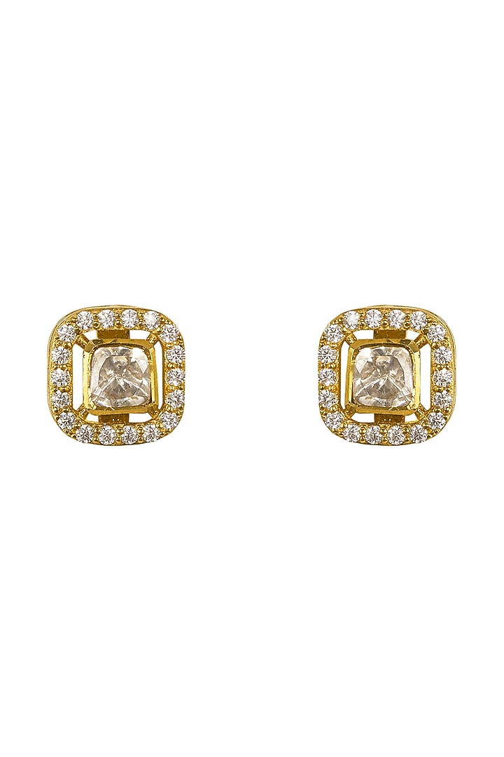 Gold Rhodium Plated Yellow Kundan Polki Stud Earrings In Sterling Silver by Sica Jewellery at Pernia's Pop Up Shop