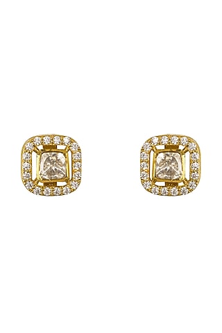 Gold Rhodium Plated Yellow Kundan Polki Stud Earrings In Sterling Silver by Sica Jewellery