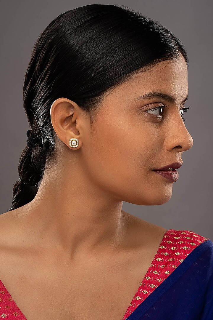 Gold Rhodium Plated Yellow Kundan Polki Stud Earrings In Sterling Silver by Sica Jewellery at Pernia's Pop Up Shop