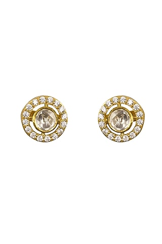 Gold Rhodium Plated Yellow Kundan Polki Stud Earrings In Sterling Silver by Sica Jewellery