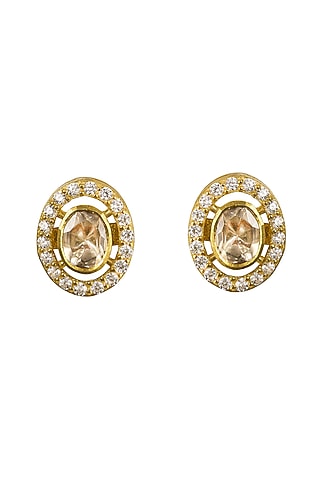 Gold Rhodium Plated Yellow Kundan Polki Stud Earrings In Sterling Silver by Sica Jewellery