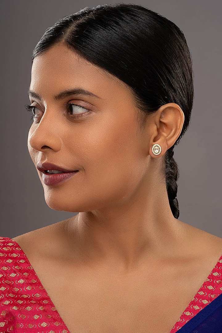 Gold Rhodium Plated Yellow Kundan Polki Stud Earrings In Sterling Silver by Sica Jewellery at Pernia's Pop Up Shop