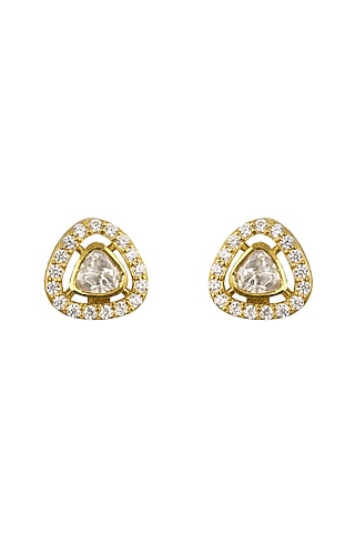 Gold Rhodium Plated Yellow Kundan Polki Stud Earrings In Sterling Silver by Sica Jewellery