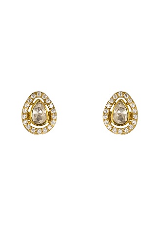 Gold Rhodium Plated Yellow Kundan Polki Stud Earrings In Sterling Silver by Sica Jewellery