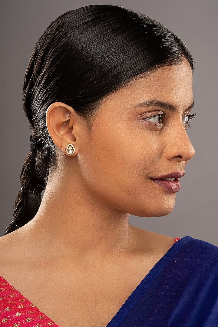 Gold Rhodium Plated Yellow Kundan Polki Stud Earrings In Sterling Silver by Sica Jewellery at Pernia's Pop Up Shop