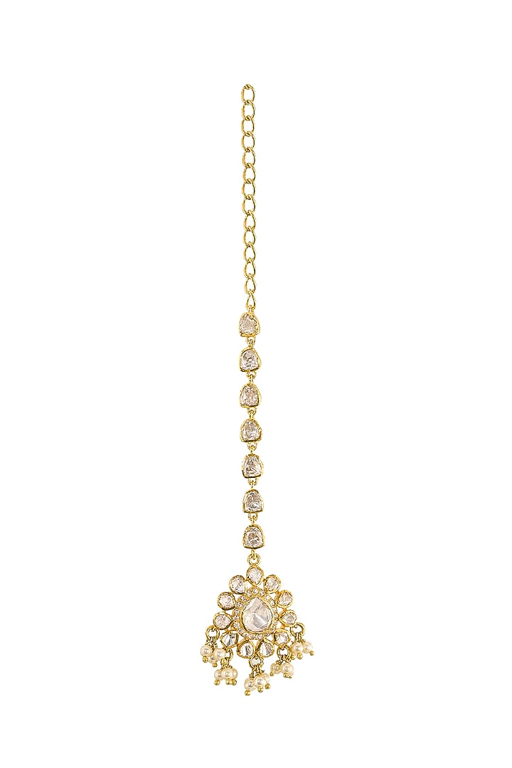 Gold Rhodium Plated Yellow Kundan Polki Maang Tikka In Sterling Silver by Sica Jewellery at Pernia's Pop Up Shop