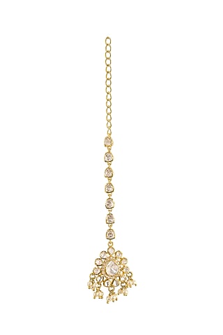 Gold Rhodium Plated Yellow Kundan Polki Maang Tikka In Sterling Silver by Sica Jewellery
