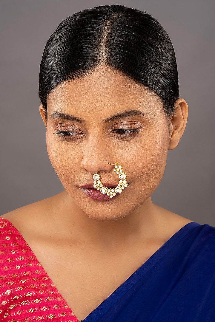 Gold Rhodium Plated Yellow Kundan Polki Nath In Sterling Silver by Sica Jewellery at Pernia's Pop Up Shop