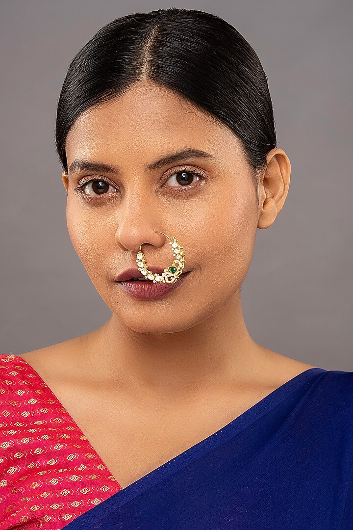 Gold Rhodium Plated Yellow Kundan Polki Nath In Sterling Silver by Sica Jewellery at Pernia's Pop Up Shop