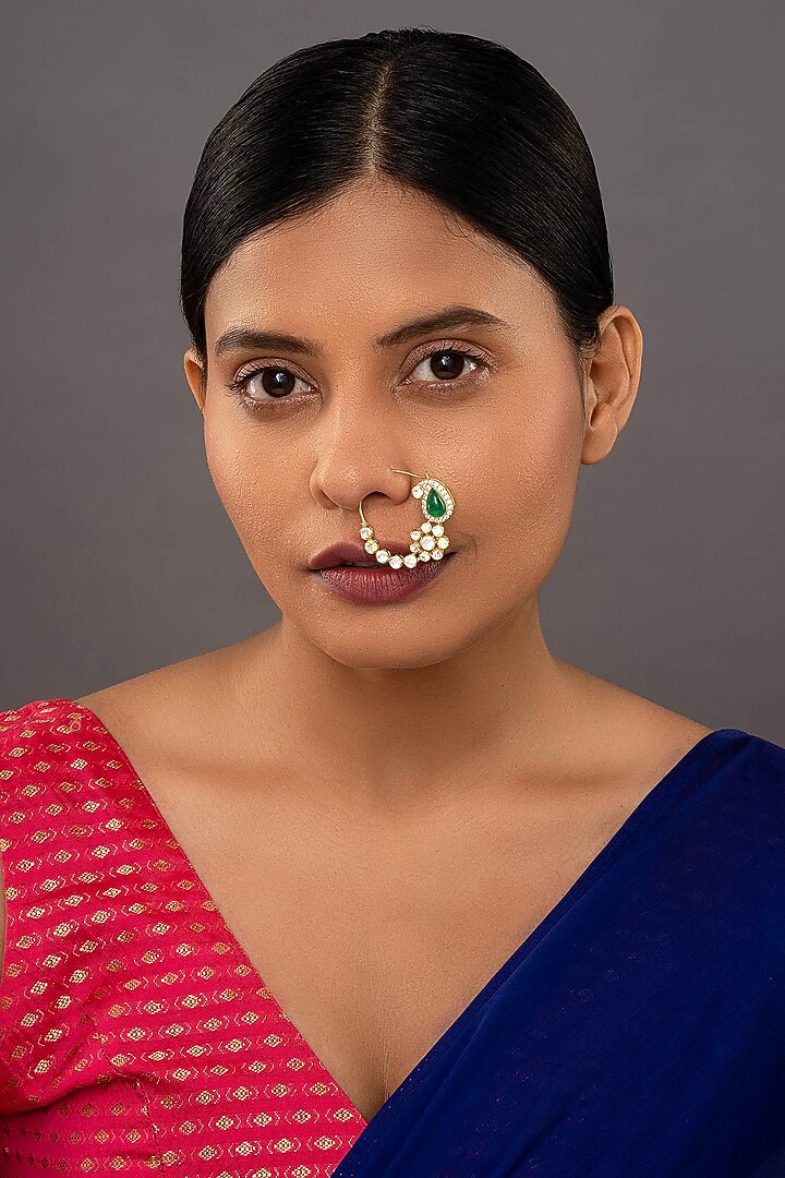 Gold Rhodium Plated Yellow Kundan Polki Nath In Sterling Silver by Sica Jewellery at Pernia's Pop Up Shop