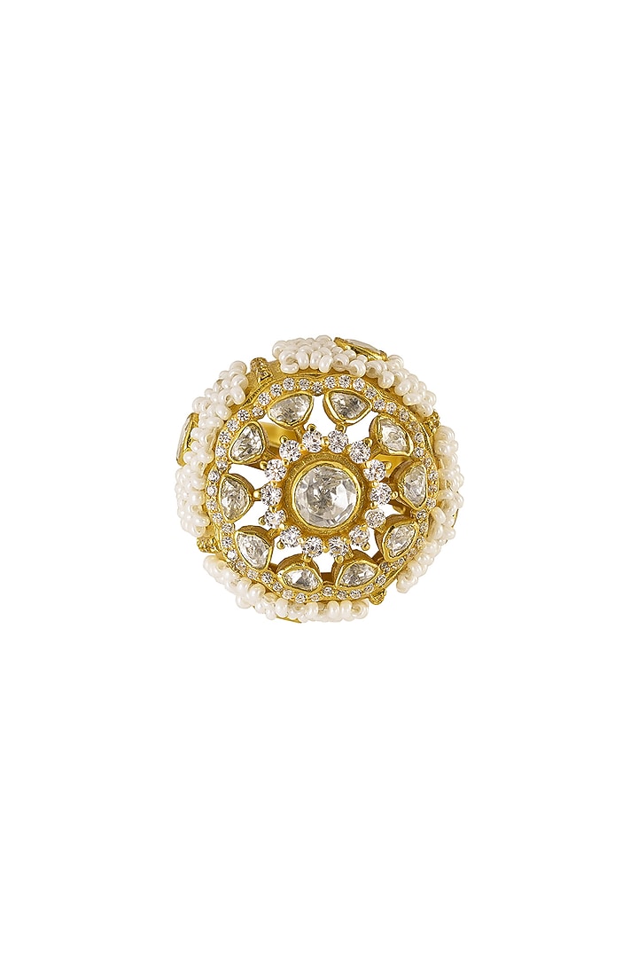 Gold Rhodium Plated Yellow Kundan Polki Ring In Sterling Silver by Sica Jewellery at Pernia's Pop Up Shop