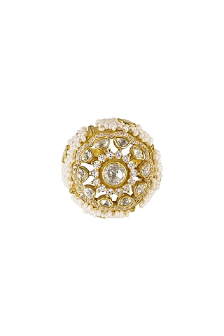 Gold Rhodium Plated Yellow Kundan Polki Ring In Sterling Silver by Sica Jewellery