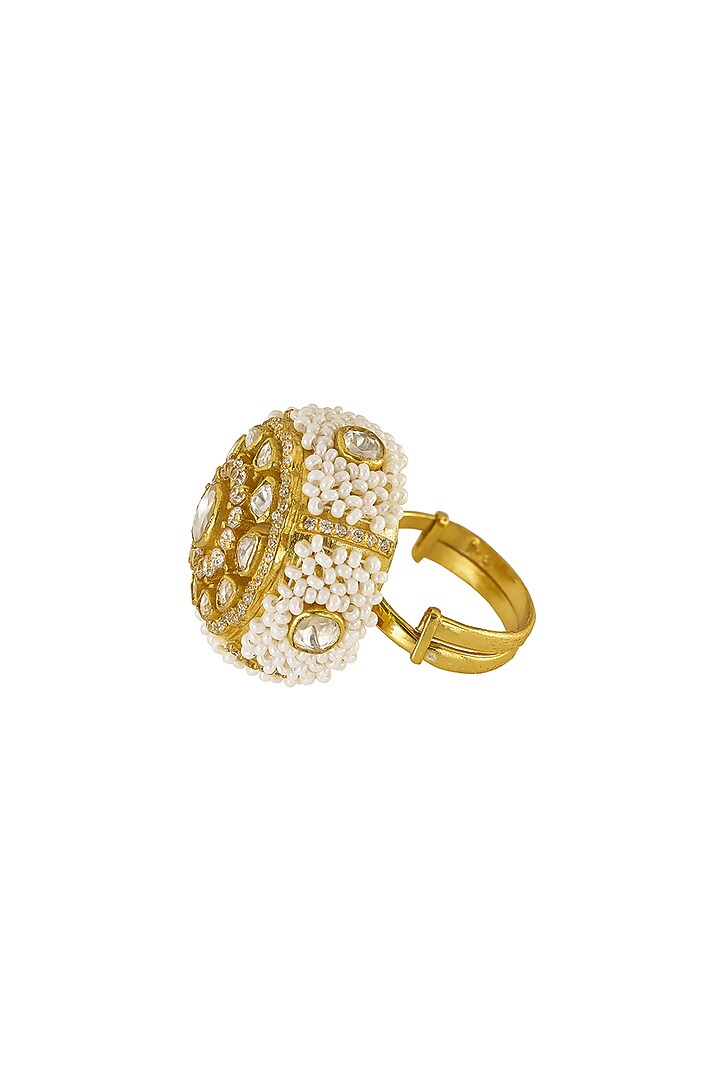 Gold Rhodium Plated Yellow Kundan Polki Ring In Sterling Silver by Sica Jewellery at Pernia's Pop Up Shop