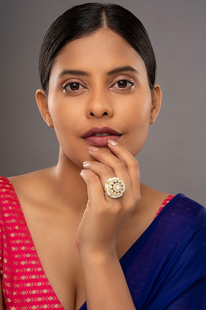 Gold Rhodium Plated Yellow Kundan Polki Ring In Sterling Silver by Sica Jewellery at Pernia's Pop Up Shop
