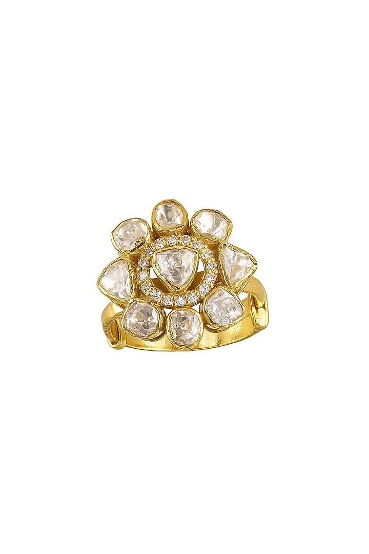 Gold Rhodium Plated Yellow Kundan Polki Ring In Sterling Silver by Sica Jewellery at Pernia's Pop Up Shop