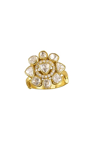 Gold Rhodium Plated Yellow Kundan Polki Ring In Sterling Silver by Sica Jewellery