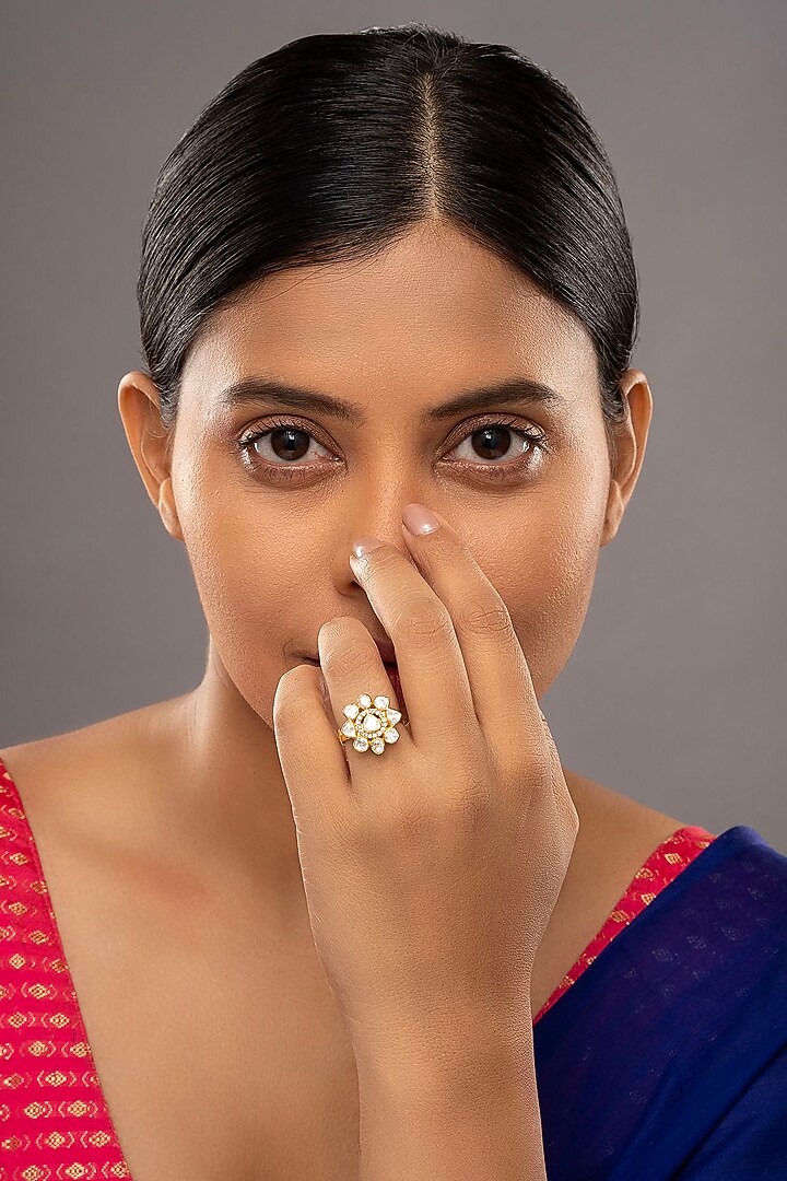 Gold Rhodium Plated Yellow Kundan Polki Ring In Sterling Silver by Sica Jewellery at Pernia's Pop Up Shop