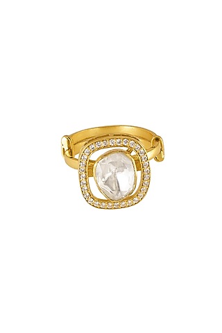 Gold Rhodium Plated Yellow Kundan Polki Ring In Sterling Silver by Sica Jewellery