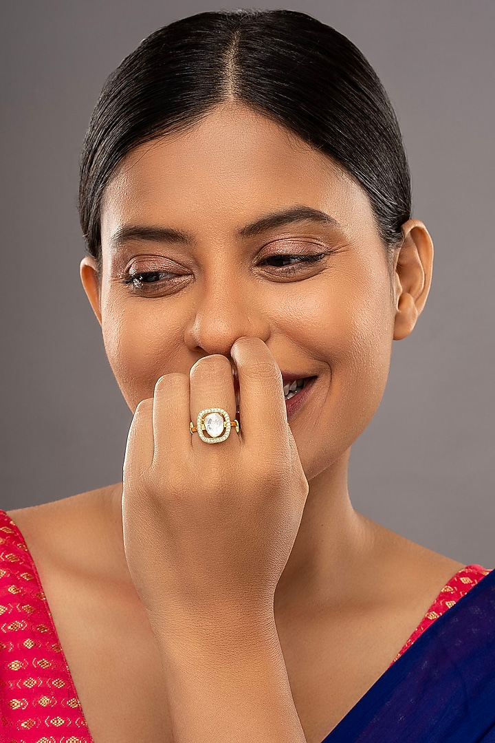 Gold Rhodium Plated Yellow Kundan Polki Ring In Sterling Silver by Sica Jewellery at Pernia's Pop Up Shop