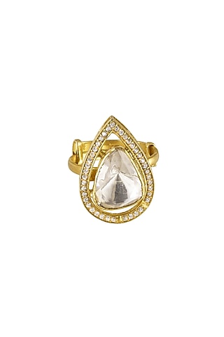 Gold Rhodium Plated Yellow Kundan Polki Ring In Sterling Silver by Sica Jewellery