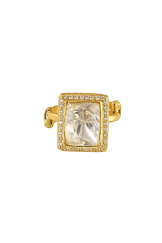 Gold Rhodium Plated Yellow Kundan Polki Ring In Sterling Silver by Sica Jewellery