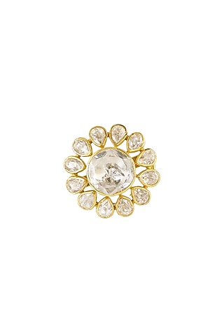 Gold Rhodium Plated Yellow Kundan Polki Ring In Sterling Silver by Sica Jewellery