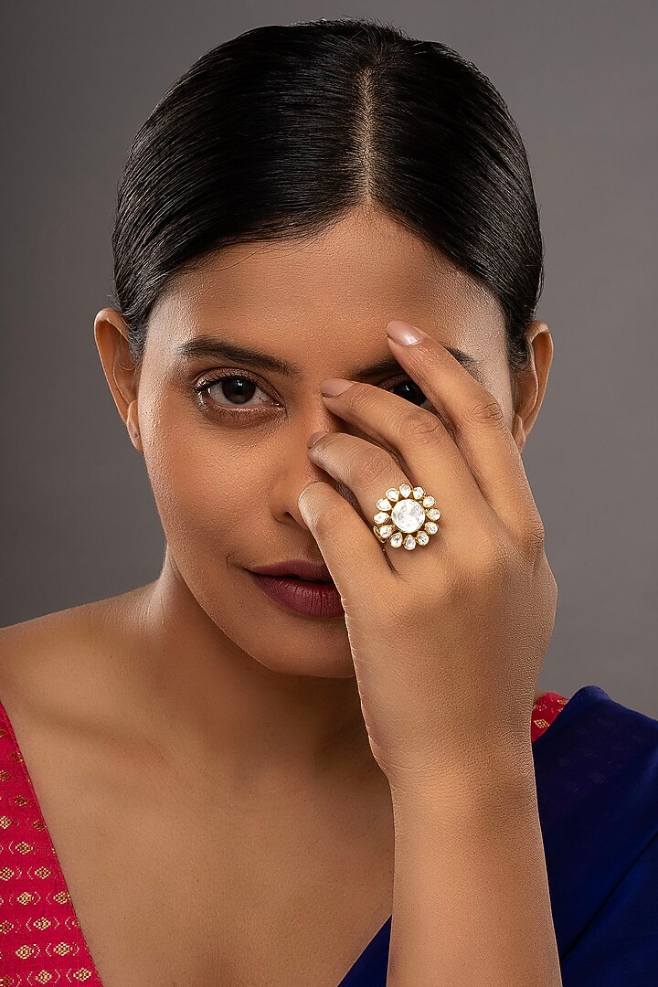 Gold Rhodium Plated Yellow Kundan Polki Ring In Sterling Silver by Sica Jewellery at Pernia's Pop Up Shop
