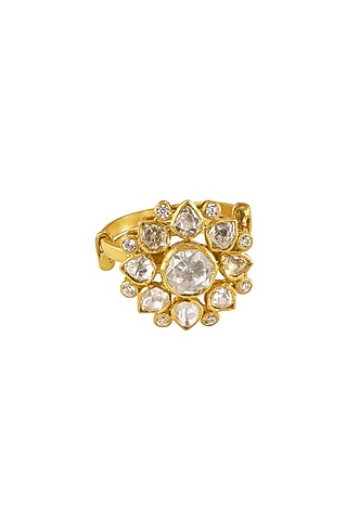 Gold Rhodium Plated Yellow Kundan Polki Ring In Sterling Silver by Sica Jewellery