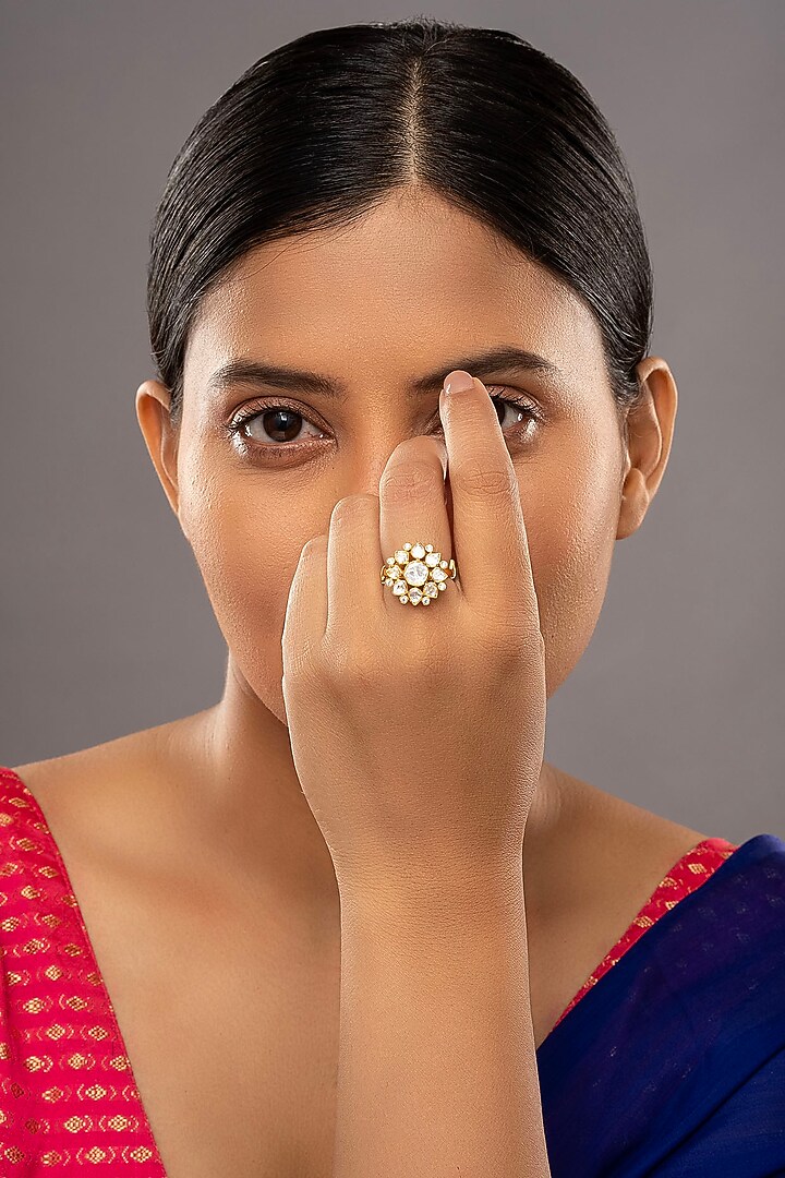 Gold Rhodium Plated Yellow Kundan Polki Ring In Sterling Silver by Sica Jewellery at Pernia's Pop Up Shop
