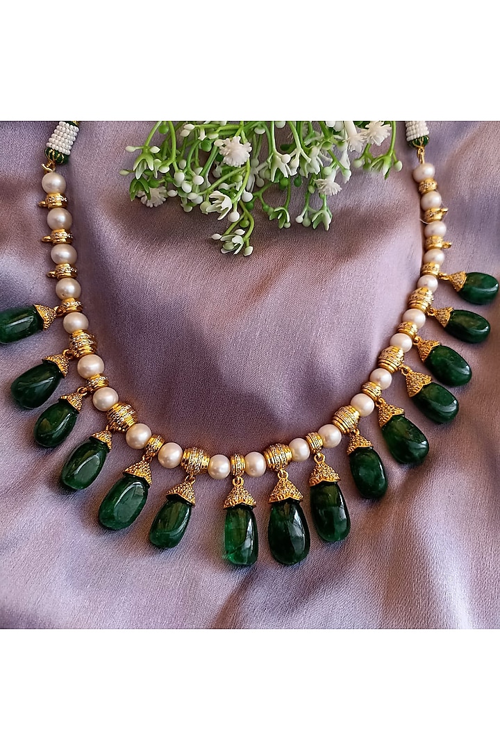 Gold Finish Green Pearl Necklace In Sterling Silver by Sica Jewellery at Pernia's Pop Up Shop