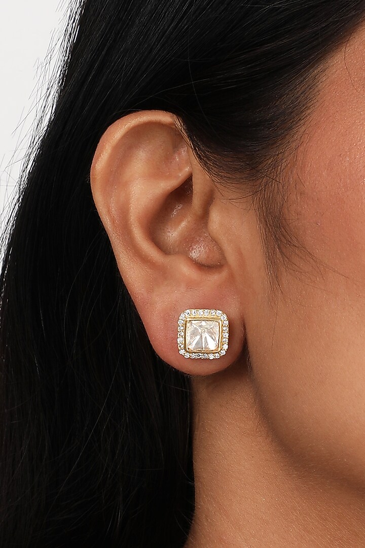 Gold Finish Moissanite Polki & Cubic Zirconia Stud Earrings In Sterling Silver by Sica Jewellery at Pernia's Pop Up Shop