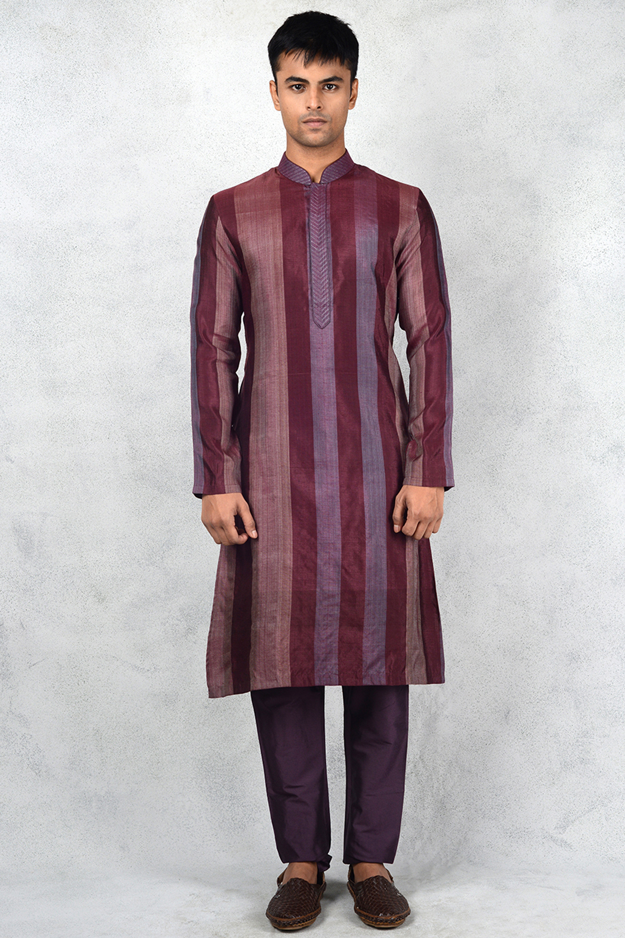 Wine Silk Striped Kurta Set by Siddhesh Chauhan at Pernia's Pop Up Shop